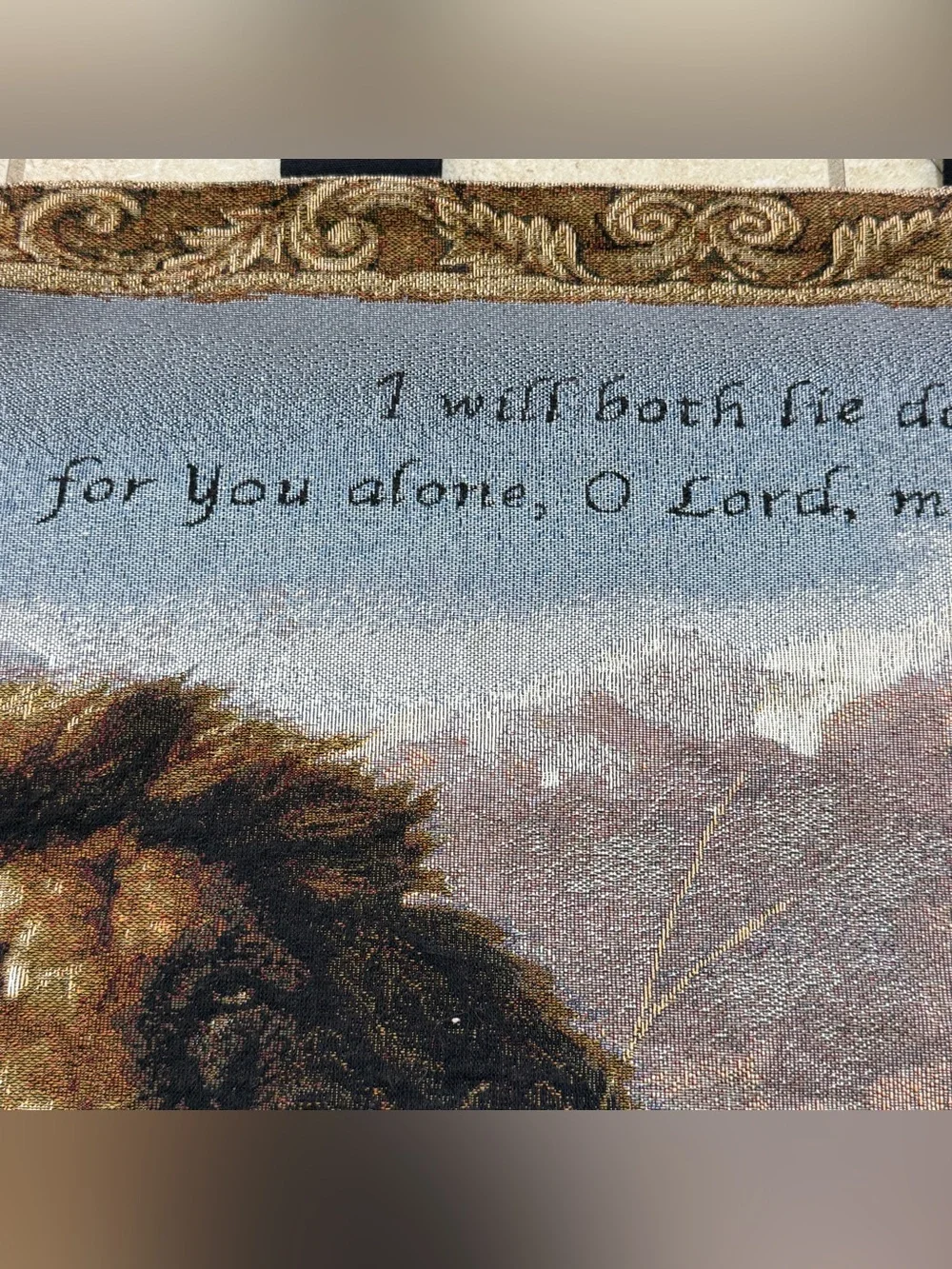 N. Glaxier Lion and Lamb Tapestry Wall Hanging Psalms 4:8 Christian 36x26
